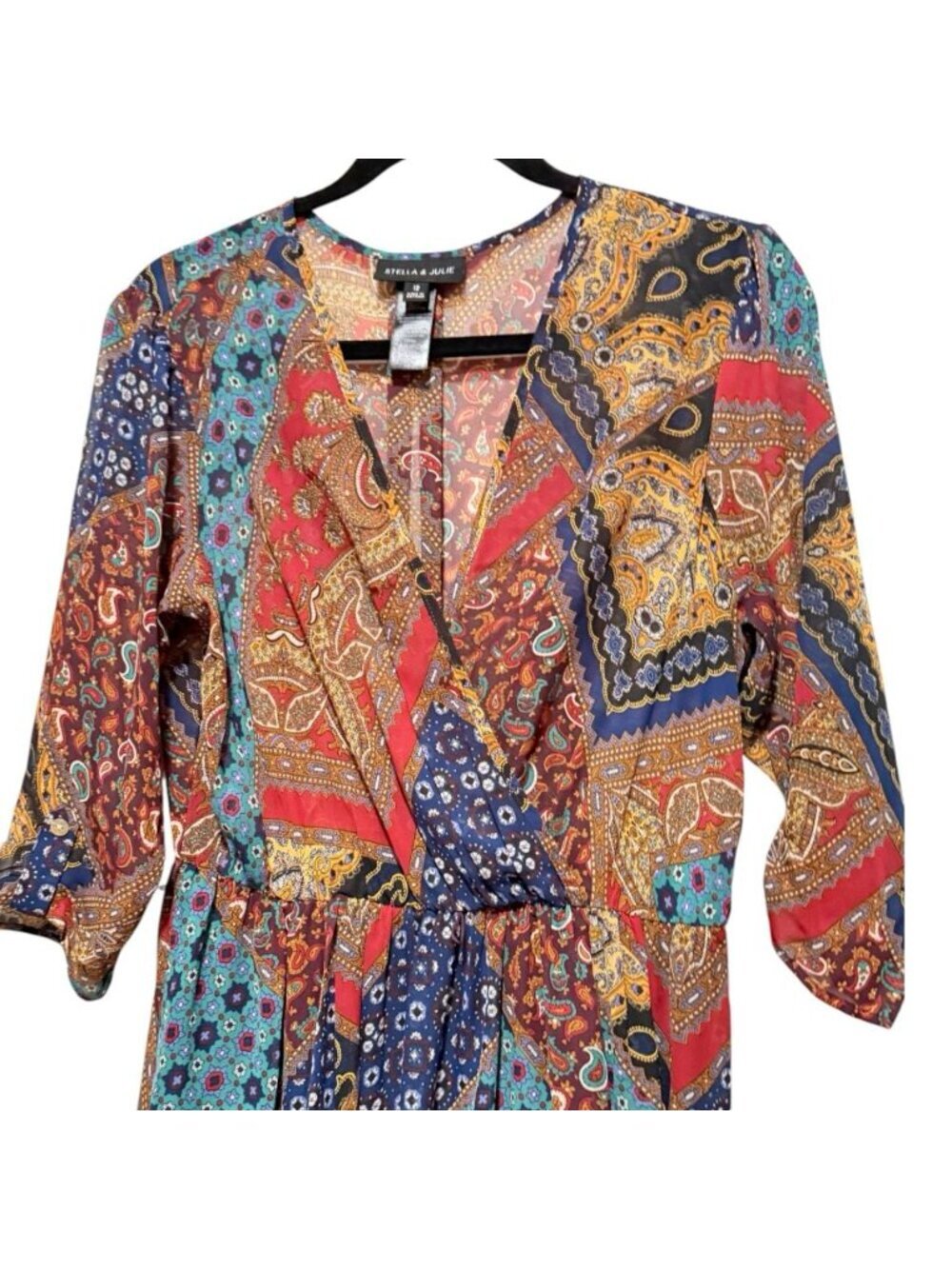 Stella & Julie Sz 12 Brown Patchwork Paisley V-Neck Sheer Chiffon Midi Dress - Picture 3 of 8
